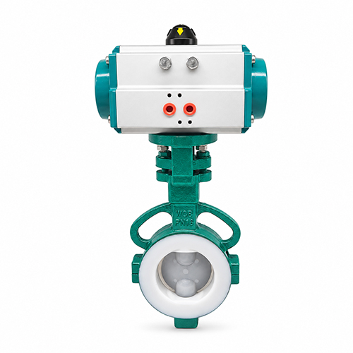 Pneumatic lined wafer butterfly valve for corrosive chemical service