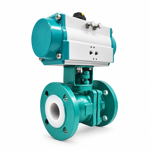 Pneumatic lined flanged ball valve for corrosive chemical service